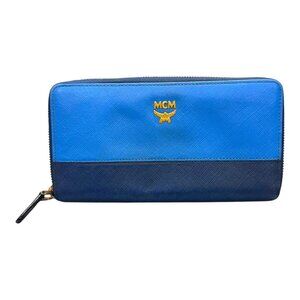 MCM Womens Saffiano Birhgt Blue Leather Zip-Around Wallet Clutch & Navy READ